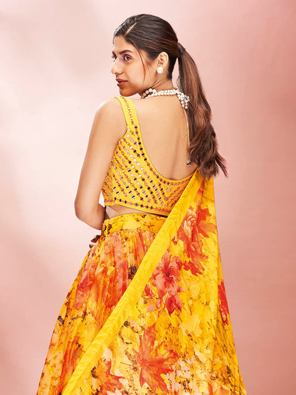 Myra Yellow Art Silk Embroidered Mirror Work Lehenga
