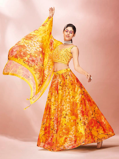 Myra Yellow Art Silk Embroidered Mirror Work Lehenga