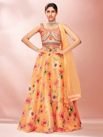 Myra Mustard Art Silk Embroidered Mirror Work Lehenga