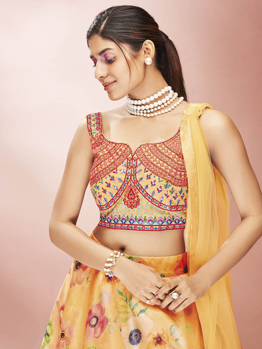 Myra Mustard Art Silk Embroidered Mirror Work Lehenga