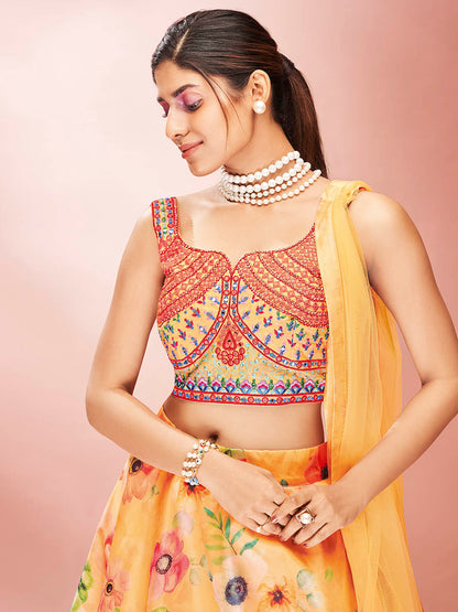 Myra Mustard Art Silk Embroidered Mirror Work Lehenga