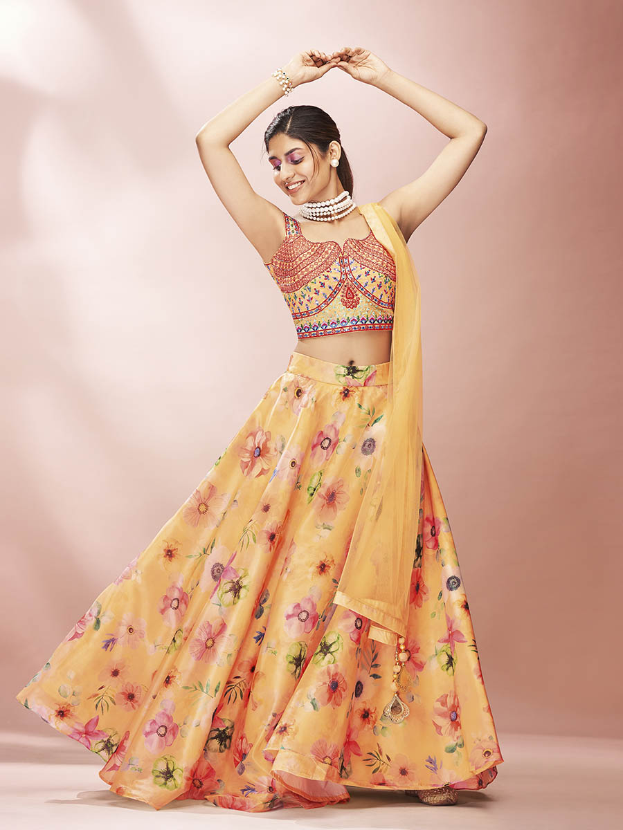 Myra Mustard Art Silk Embroidered Mirror Work Lehenga