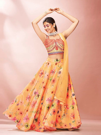 Myra Mustard Art Silk Embroidered Mirror Work Lehenga