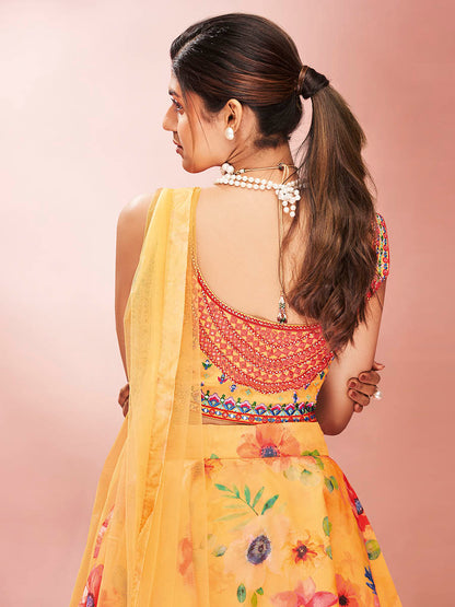 Myra Mustard Art Silk Embroidered Mirror Work Lehenga