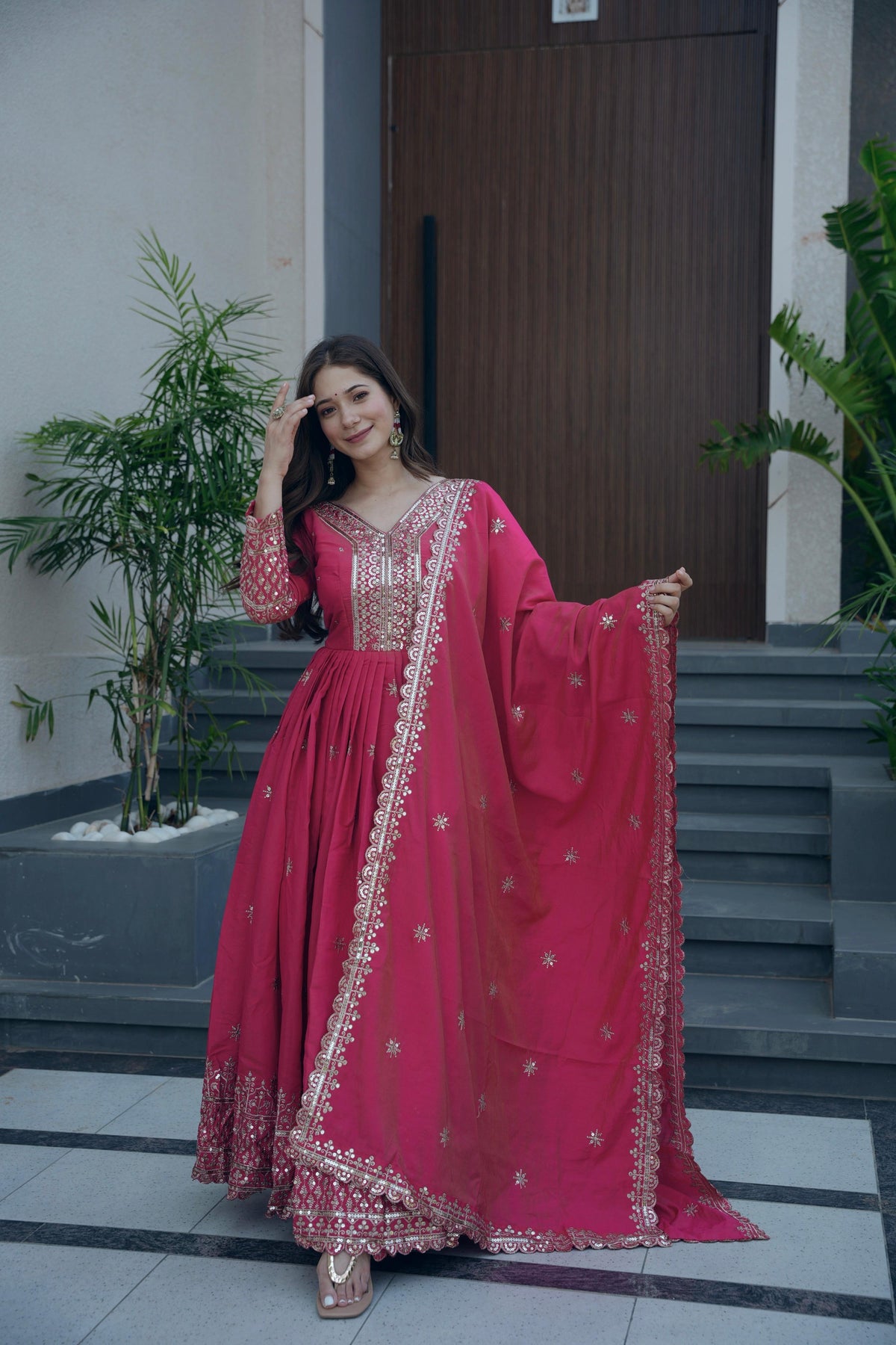 Lorenvalley Fashion Gajari Pink Shimmer Silk Embroidery Sequins Work Anarkali Gown with Dupatta
