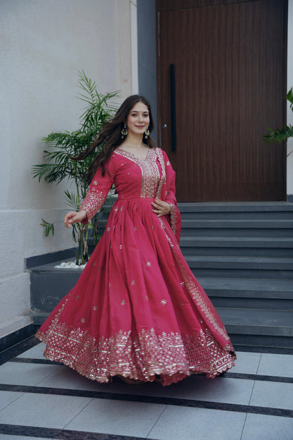 Lorenvalley Fashion Gajari Pink Shimmer Silk Embroidery Sequins Work Anarkali Gown with Dupatta