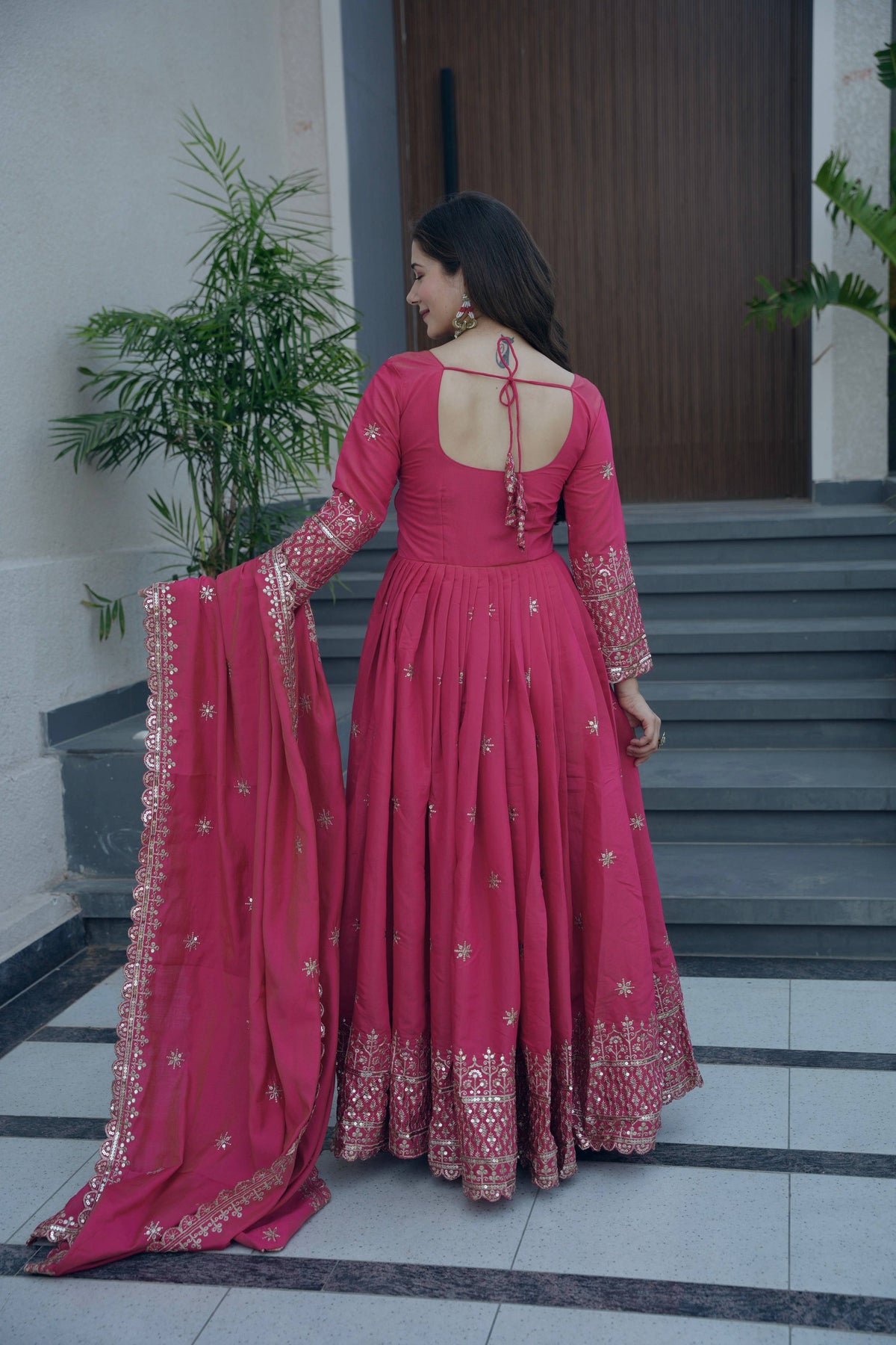Lorenvalley Fashion Gajari Pink Shimmer Silk Embroidery Sequins Work Anarkali Gown with Dupatta