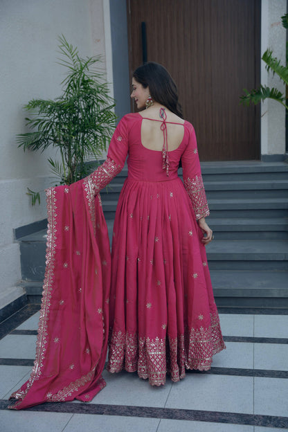 Lorenvalley Fashion Gajari Pink Shimmer Silk Embroidery Sequins Work Anarkali Gown with Dupatta