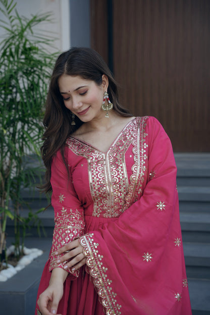 Lorenvalley Fashion Gajari Pink Shimmer Silk Embroidery Sequins Work Anarkali Gown with Dupatta