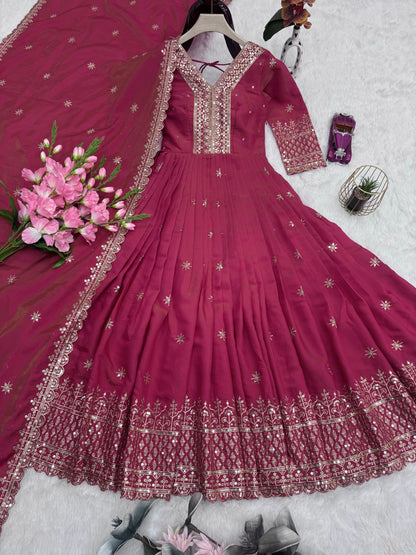Lorenvalley Fashion Gajari Pink Shimmer Silk Embroidery Sequins Work Anarkali Gown with Dupatta
