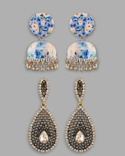 VOJ Set Of 2 Earrings- Blue Printed Jhumka With Black AD Studded Drop Earrings