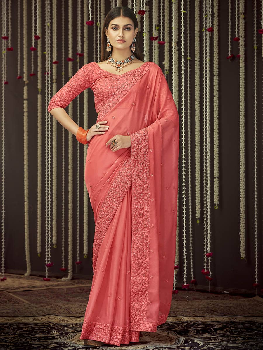 Myra Peach Organza Heavy Embroidered Saree