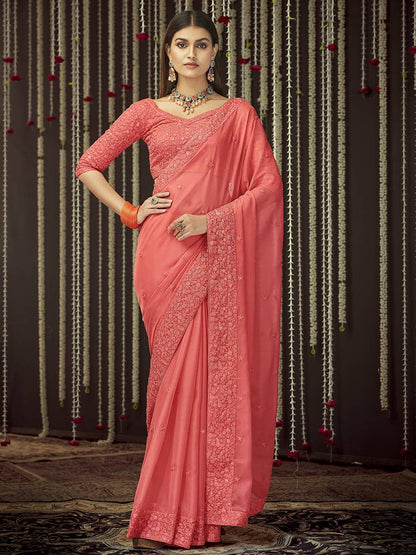 Myra Peach Organza Heavy Embroidered Saree