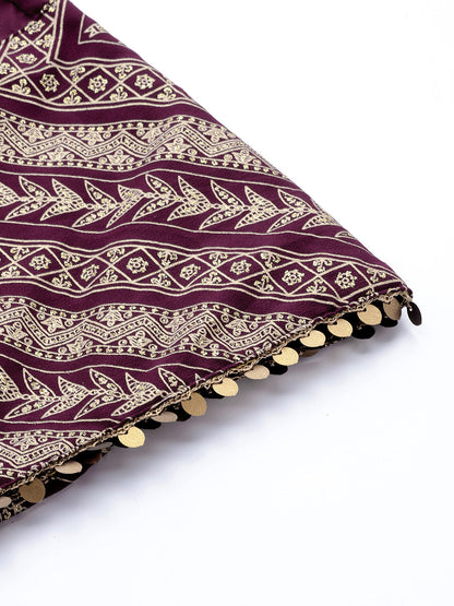 Indian Clothing Ahalyaa Purple & Gold-Toned Printed Sequinned Foil Print Ready to Wear Lehenga & Blouse With Dupatta