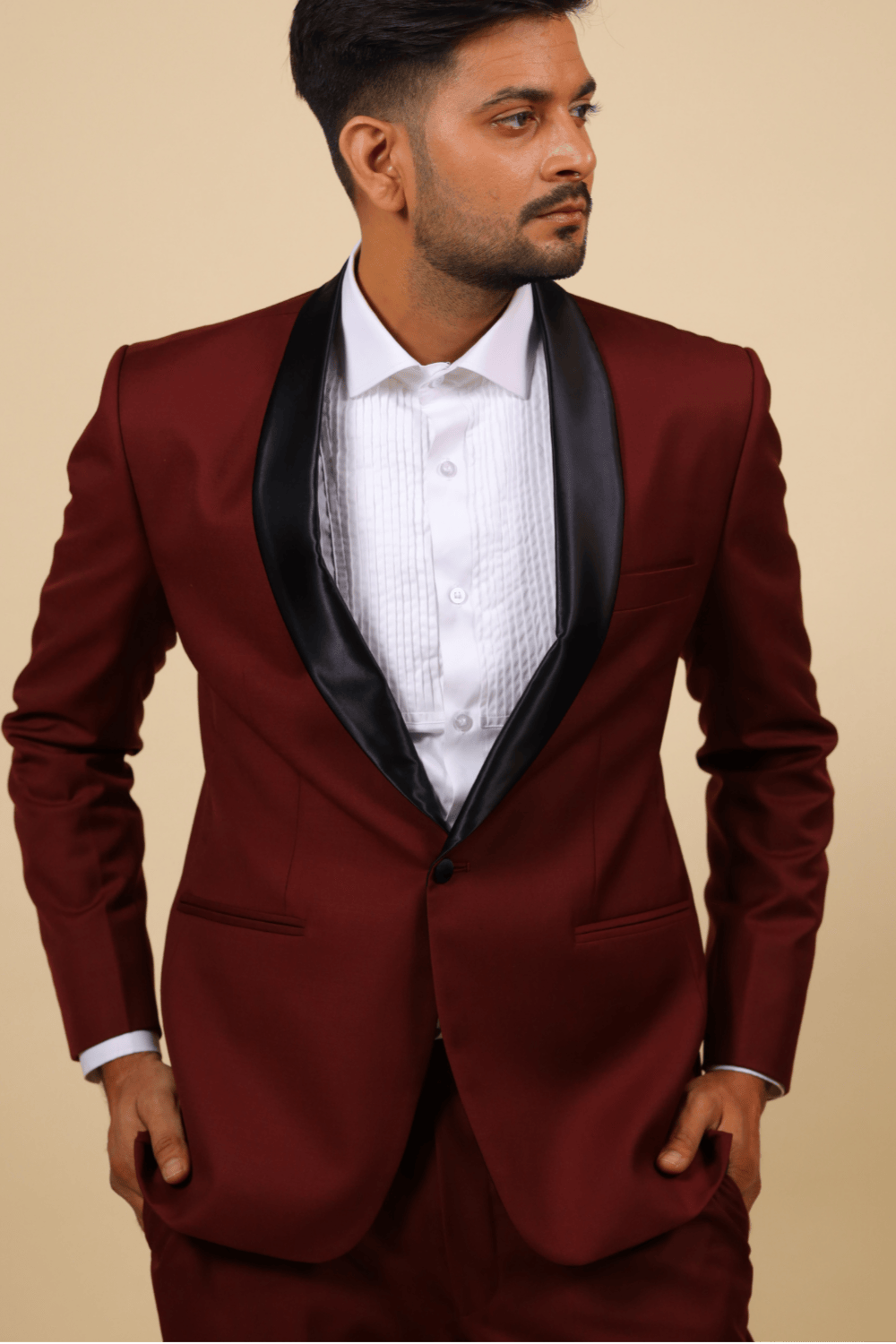 Burgundy Designer Tuxedo With Black Satin Lapels by Hilo Design