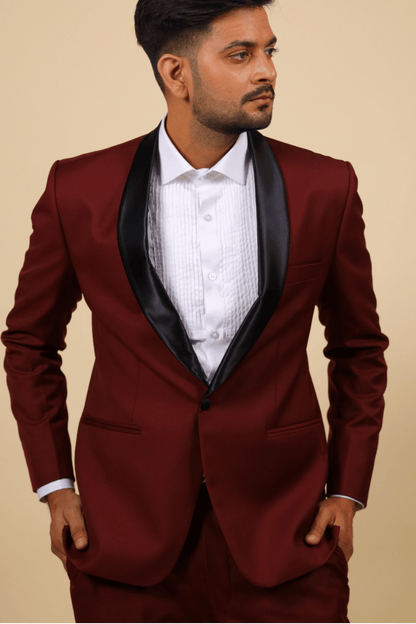Burgundy Designer Tuxedo With Black Satin Lapels by Hilo Design