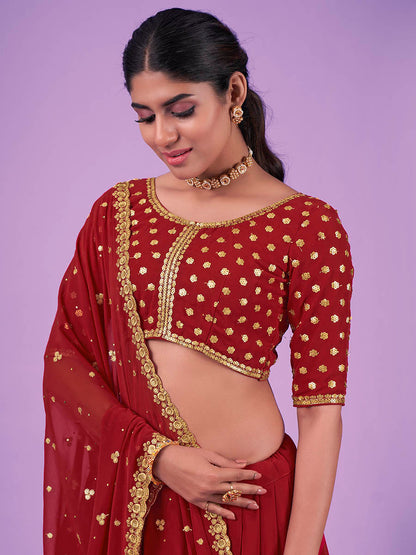 Myra Red Georgette Embroidered Designer Lehenga
