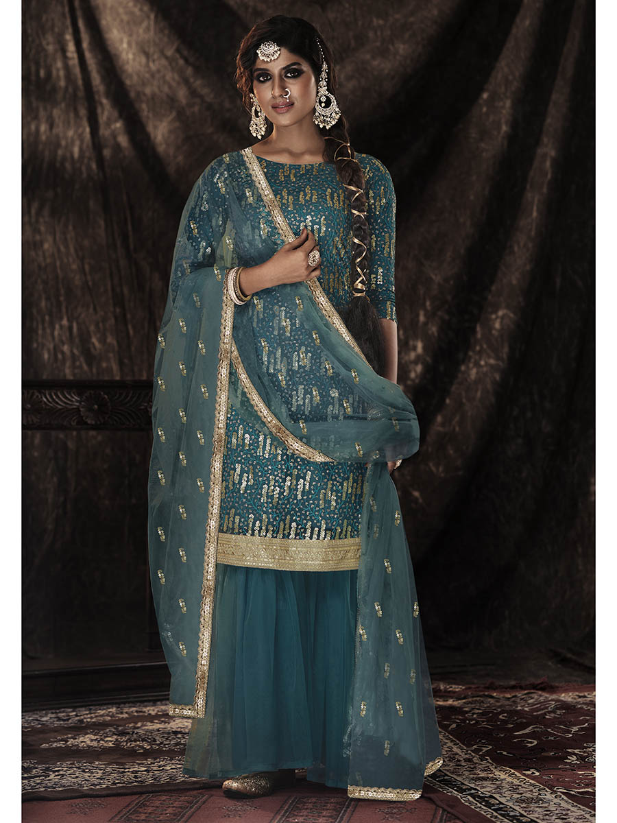 Myra Dark Firozi Net Embroidered Sharara Suit