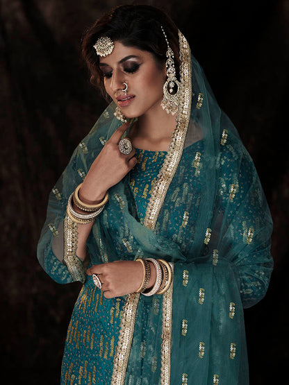 Myra Dark Firozi Net Embroidered Sharara Suit