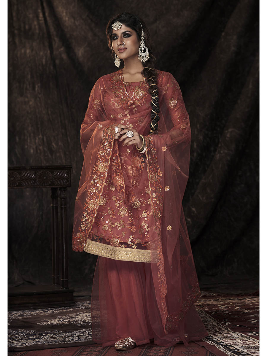 Myra Dark Orange Net Embroidered Sharara Suit