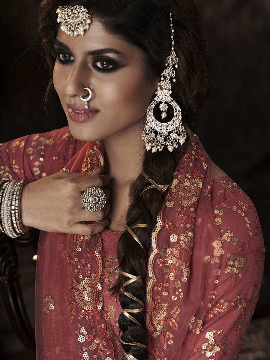 Myra Dark Orange Net Embroidered Sharara Suit