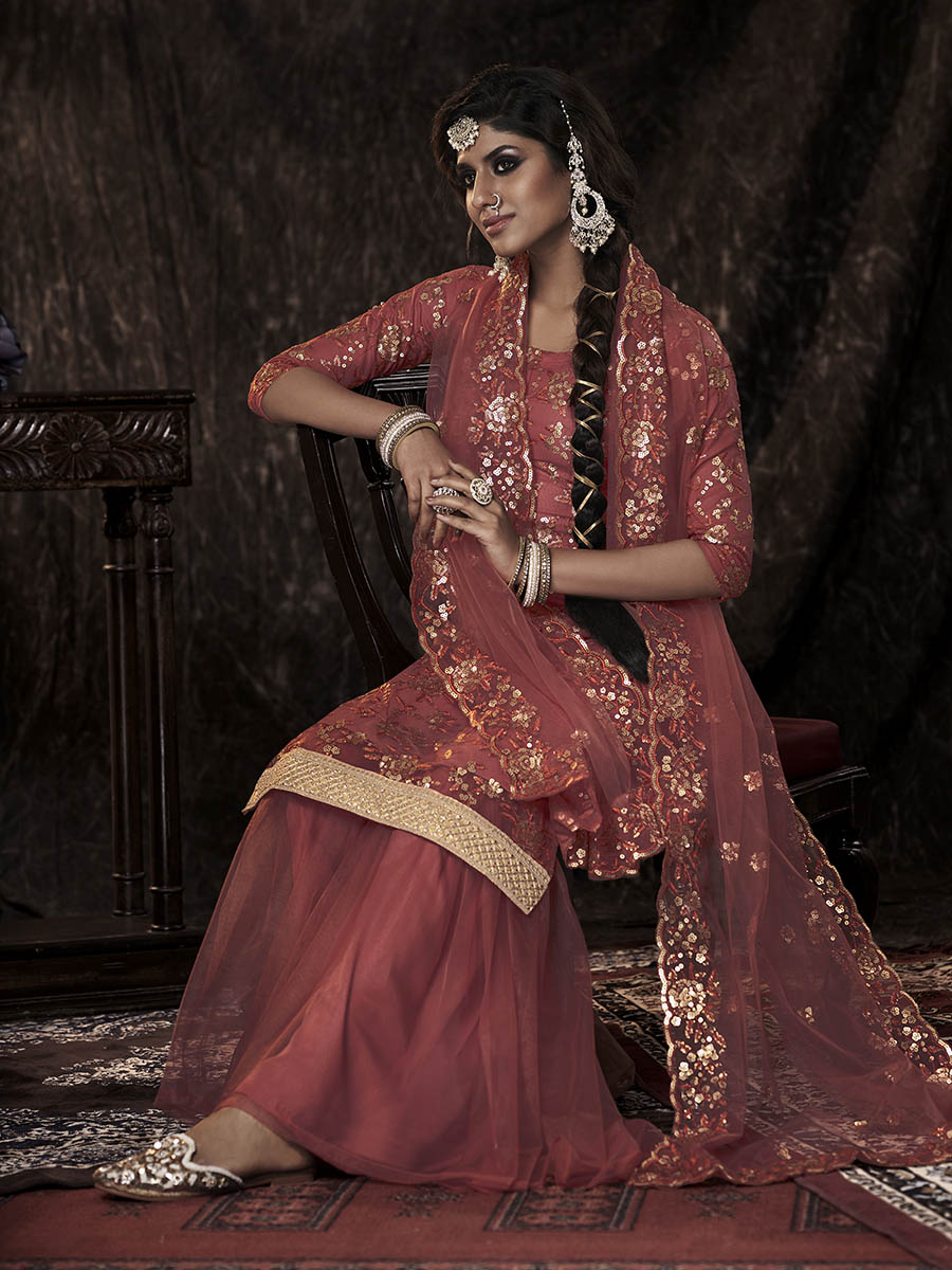 Myra Dark Orange Net Embroidered Sharara Suit