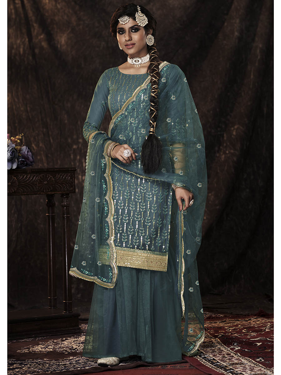 Myra Beautiful Dark Firozi Net Embroidered Sharara Suit