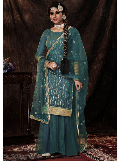 Myra Beautiful Dark Firozi Net Embroidered Sharara Suit