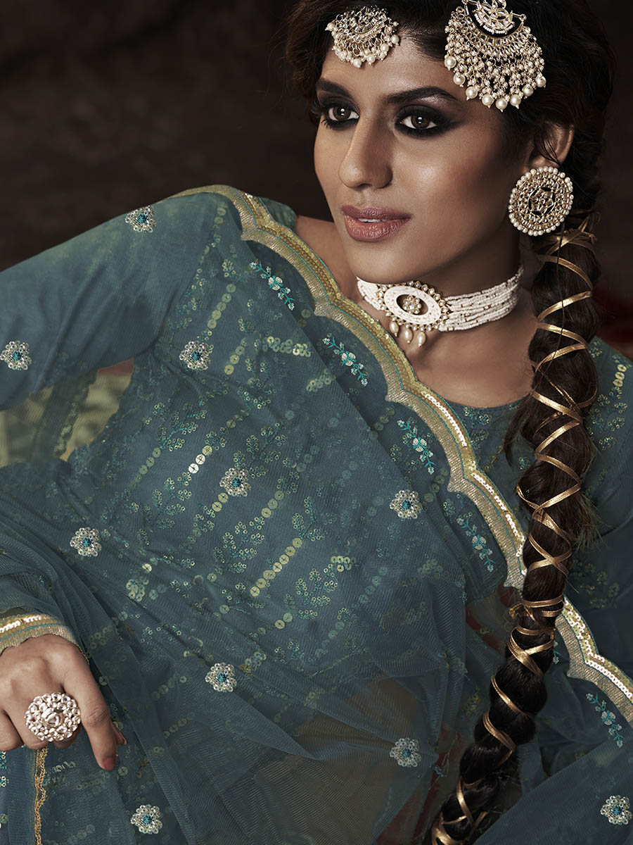 Myra Beautiful Dark Firozi Net Embroidered Sharara Suit