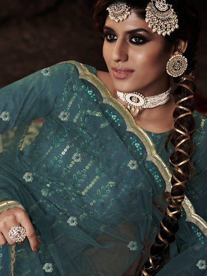 Myra Beautiful Dark Firozi Net Embroidered Sharara Suit