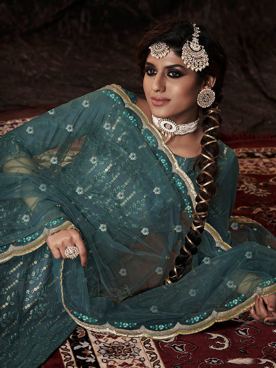 Myra Beautiful Dark Firozi Net Embroidered Sharara Suit