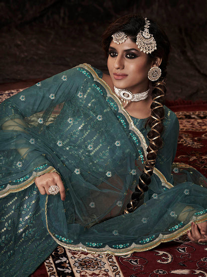 Myra Dark Firozi Net Embroidered Sharara Suit
