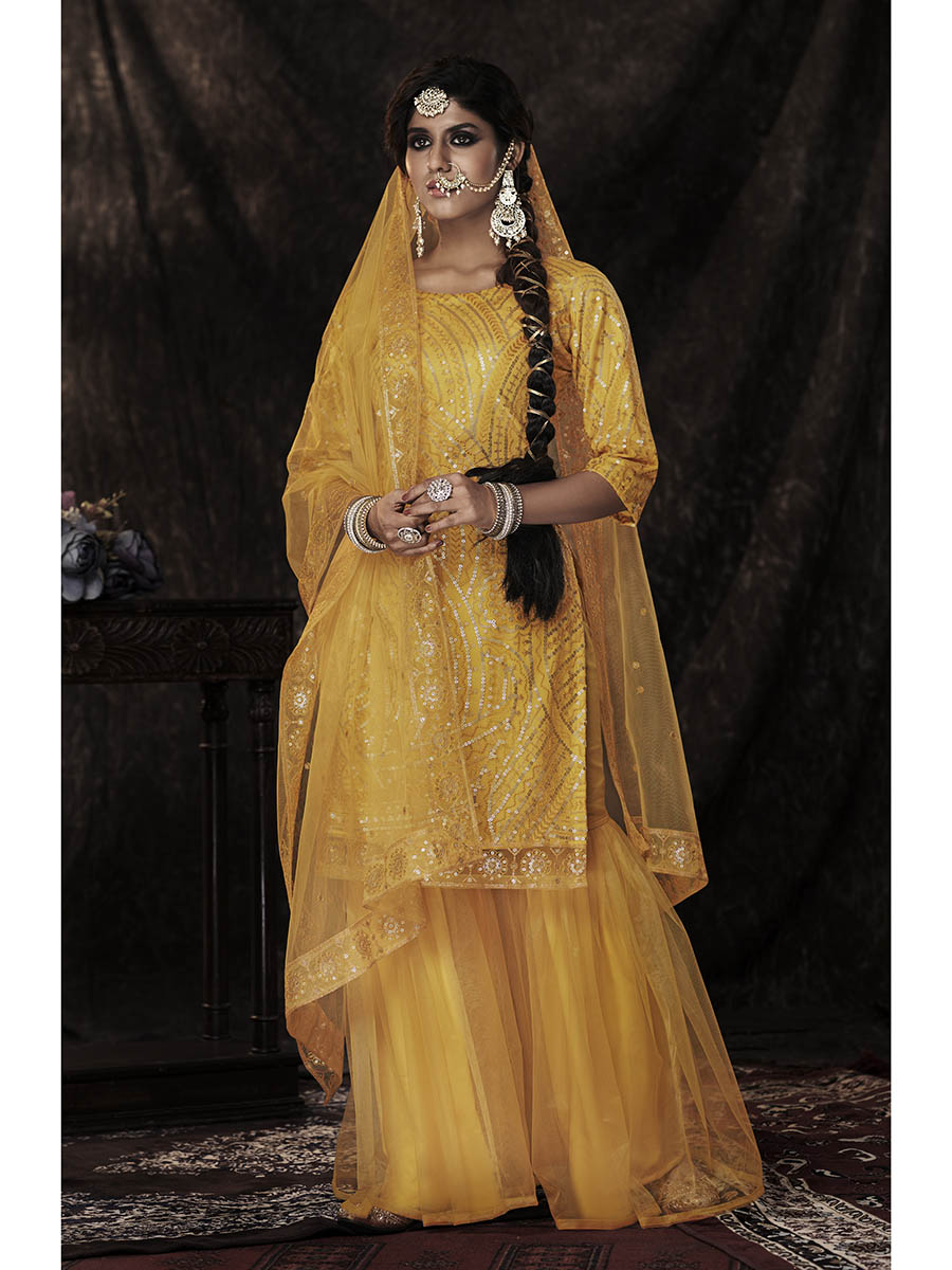 Myra Mustard Net Embroidered Sharara Suit
