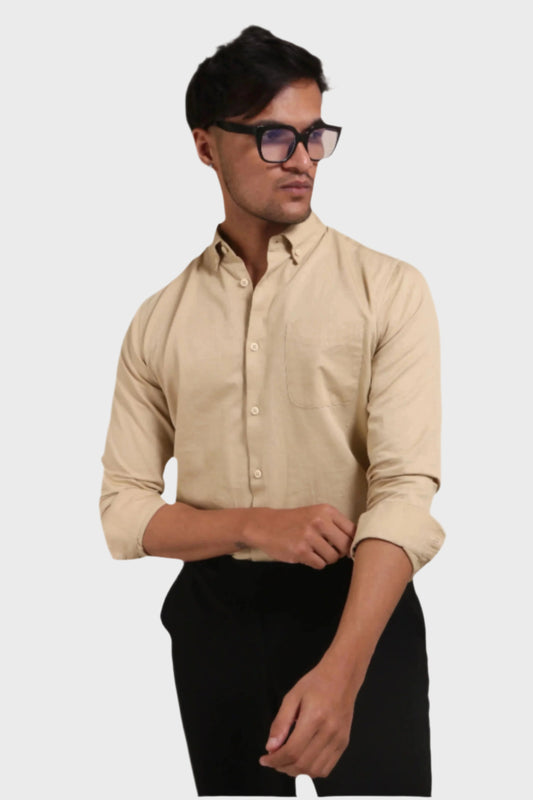 Jonesburg Men's Beige Slub Satin Slim Fit Semi Formal Shirt