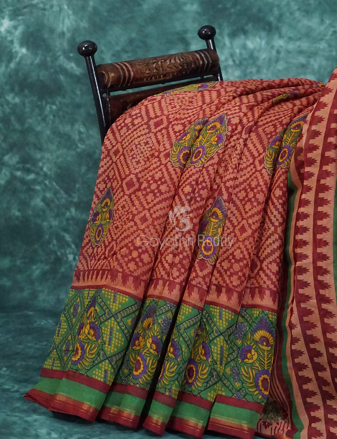 Mix of Orange and Teracotta Red Printed Semi Chanderi Saree By Gayathri Reddy Designer Studio
