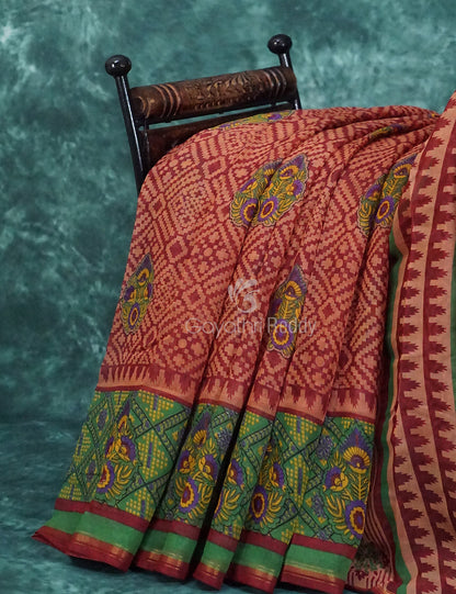 Mix of Orange and Teracotta Red Printed Semi Chanderi Saree By Gayathri Reddy Designer Studio