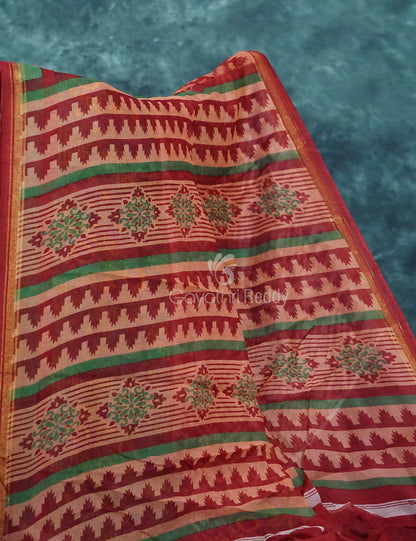 Mix of Orange and Teracotta Red Printed Semi Chanderi Saree By Gayathri Reddy Designer Studio