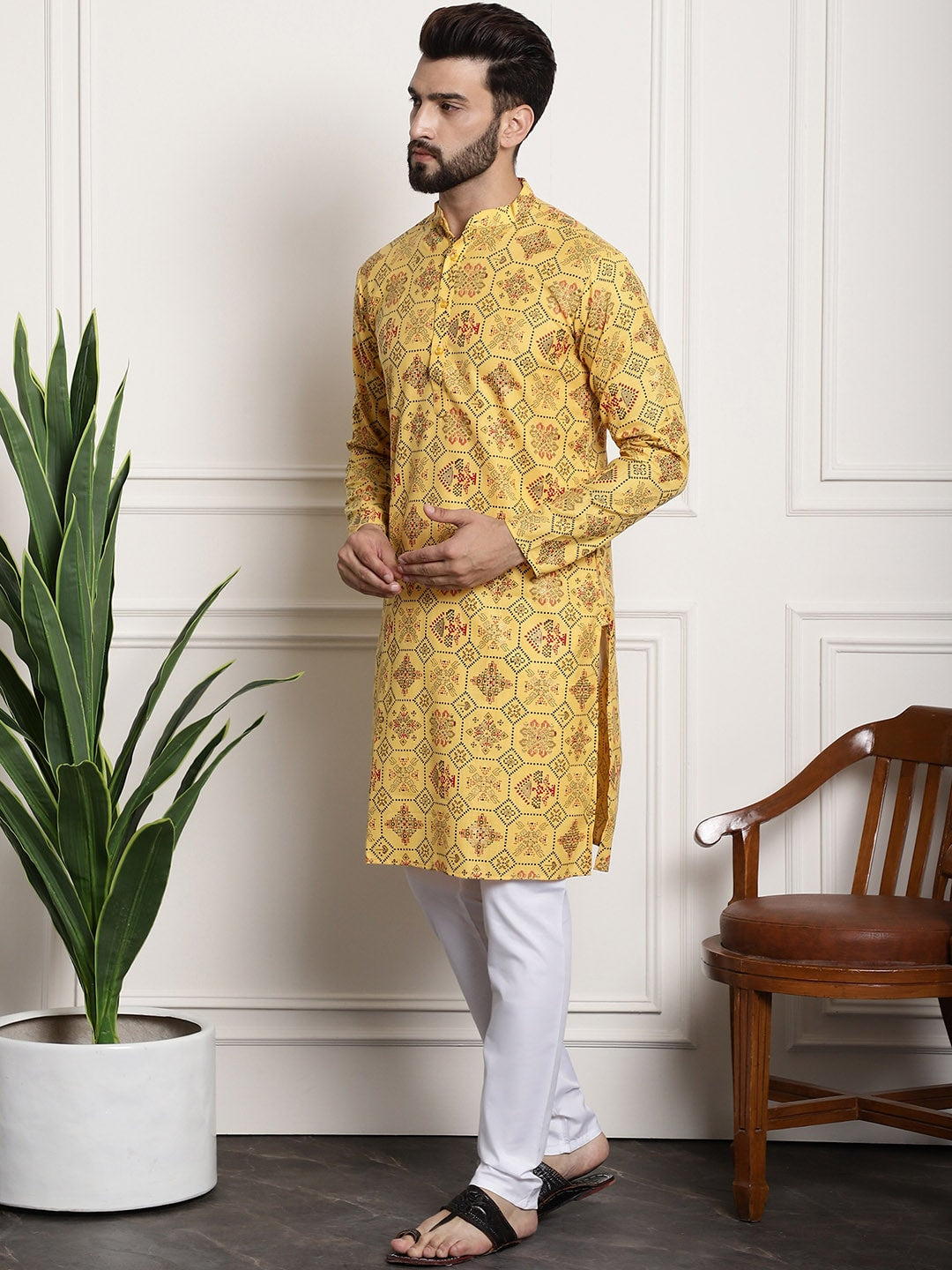 Sojanya Men Yellow Ethnic Motifs Printed Kurta with Churidar