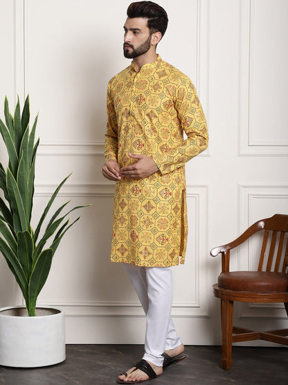 Sojanya Men Yellow Ethnic Motifs Printed Kurta with Churidar