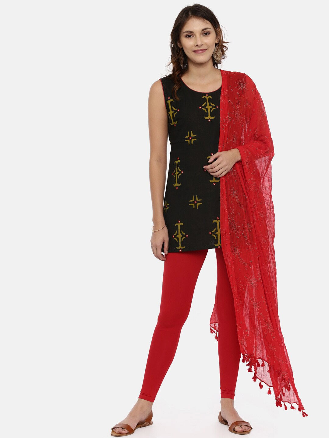 Souchii Red & Gold Printed Dupatta with Tassels