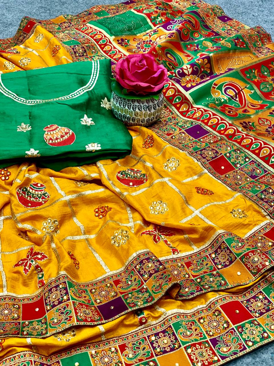 Lorenvalley Fashion Premium Yellow Dola Silk Embroidery and Diamond work with Jacquard Lace Border Saree