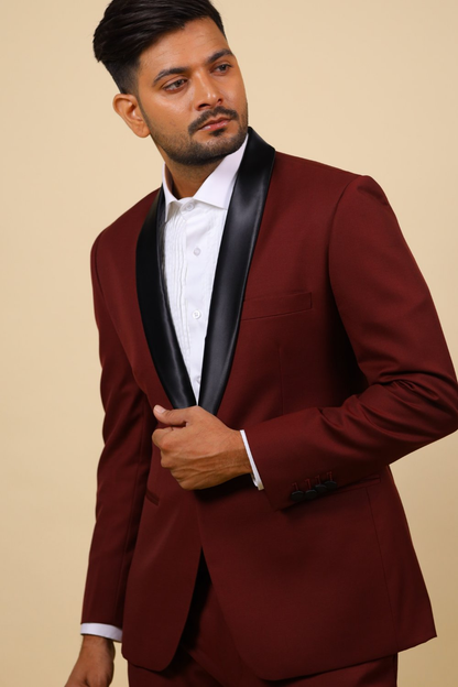 Burgundy Designer Tuxedo With Black Satin Lapels by Hilo Design