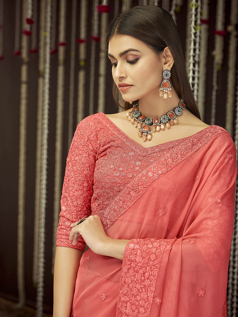 Myra Peach Organza Heavy Embroidered Saree