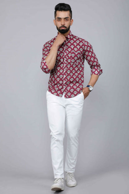 Miravan Men's Cotton Maroon Floral Printed Slim Fit Shirt