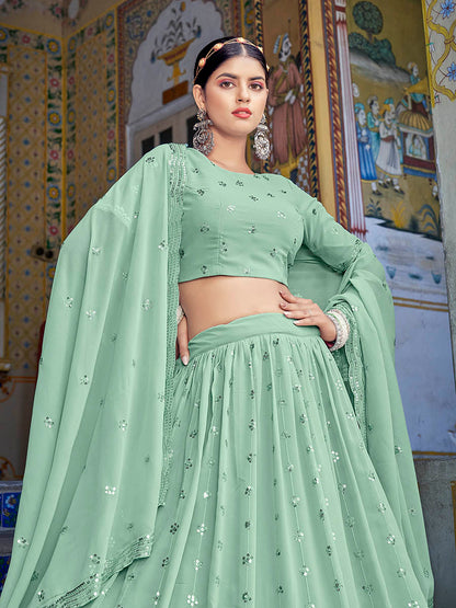 Myra Pista Green Georgette Embroidered Designer Lehenga Choli