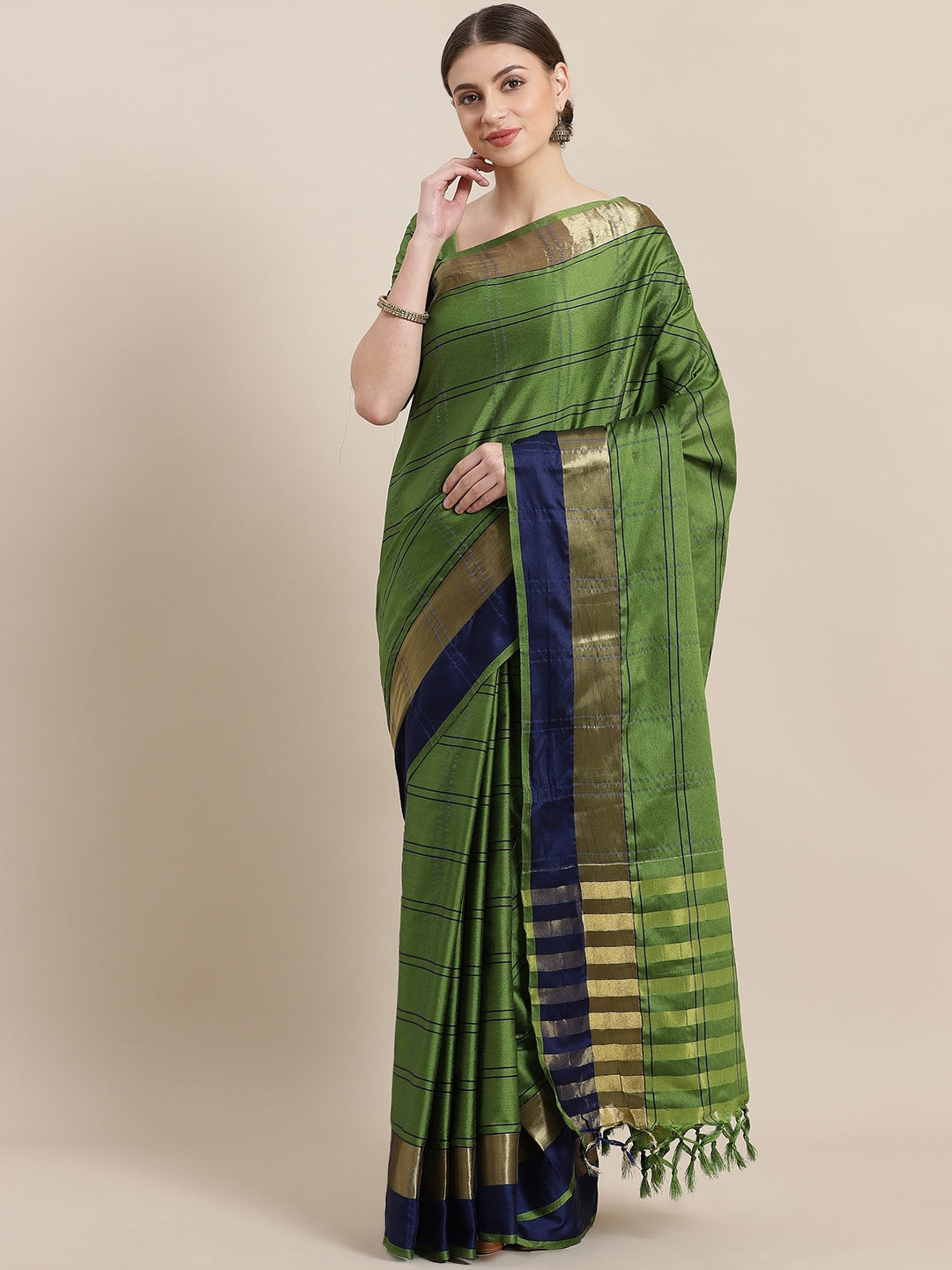 Saree Mall Green & Blue Checked Saree