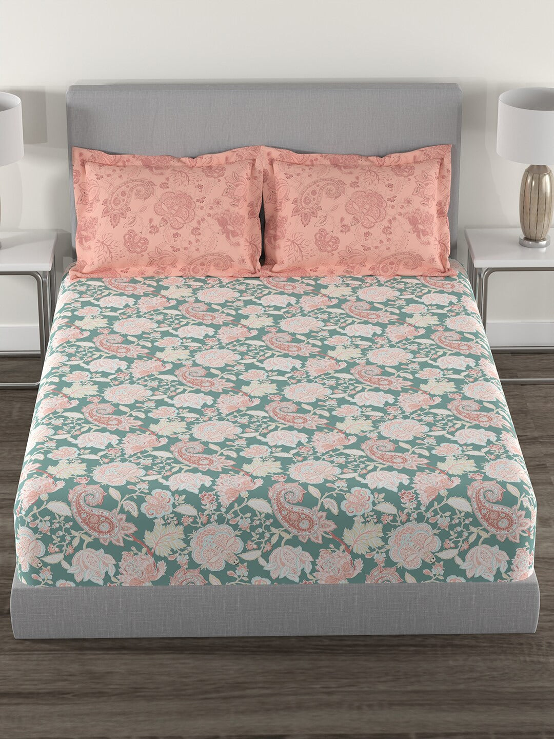 MYTRIDENT Green White Ethnic Motifs Cotton 144 TC Queen Bedsheet With 2 Pillow Covers