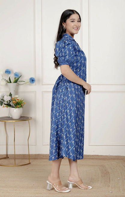 Miravan Womens Floral Print Blue Collar-Neck Puff Sleeves A-Line Maxi Dress