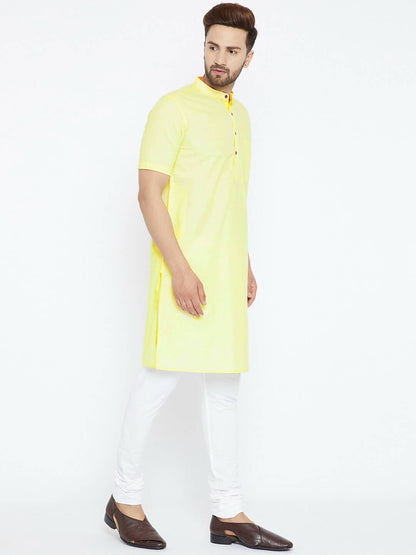 Even Apparels Yellow Color Pure Cotton Men's Kurta With Band Collar