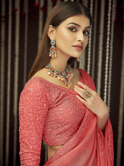 Myra Peach Organza Heavy Embroidered Saree